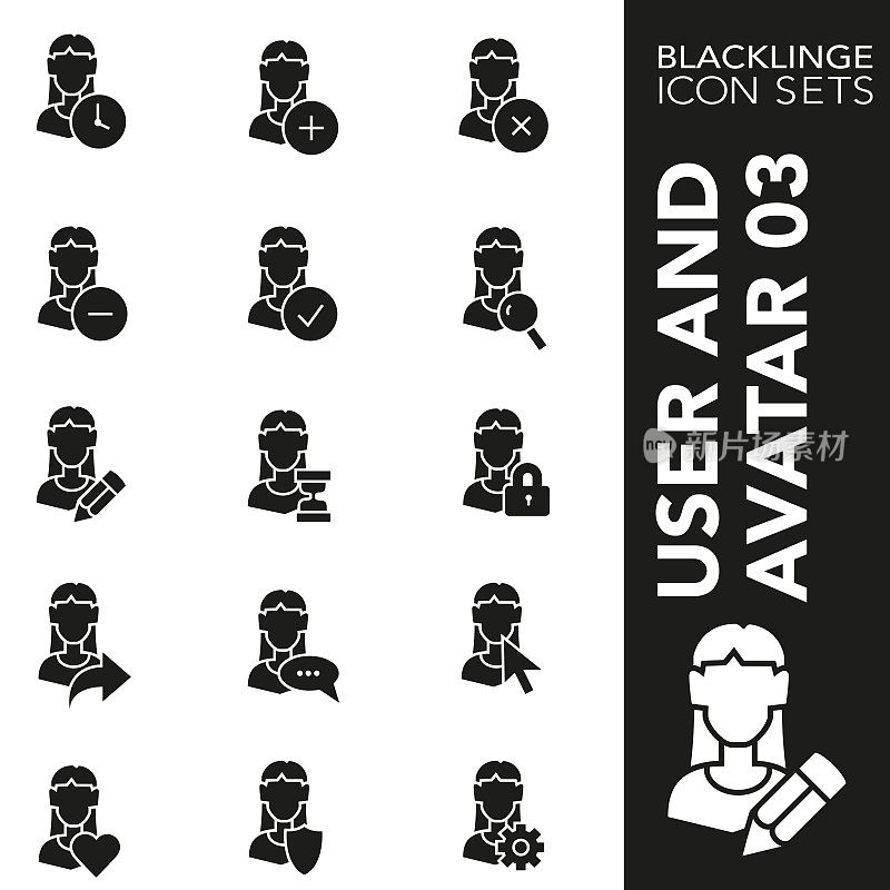 Black and White icon set of User and Avatar 03